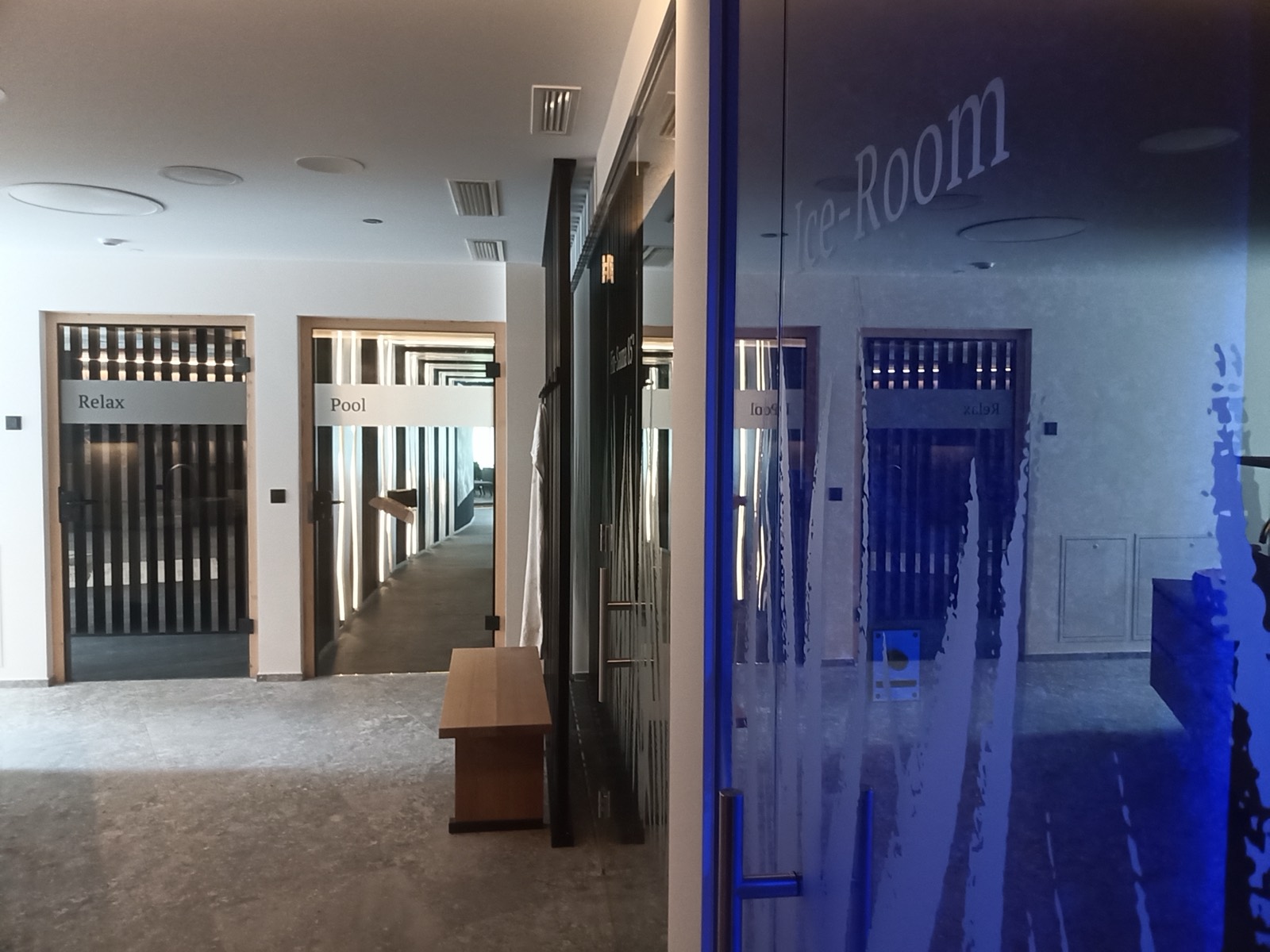 Glaswand mit Gräsermotiv und Beschriftung Ice Room