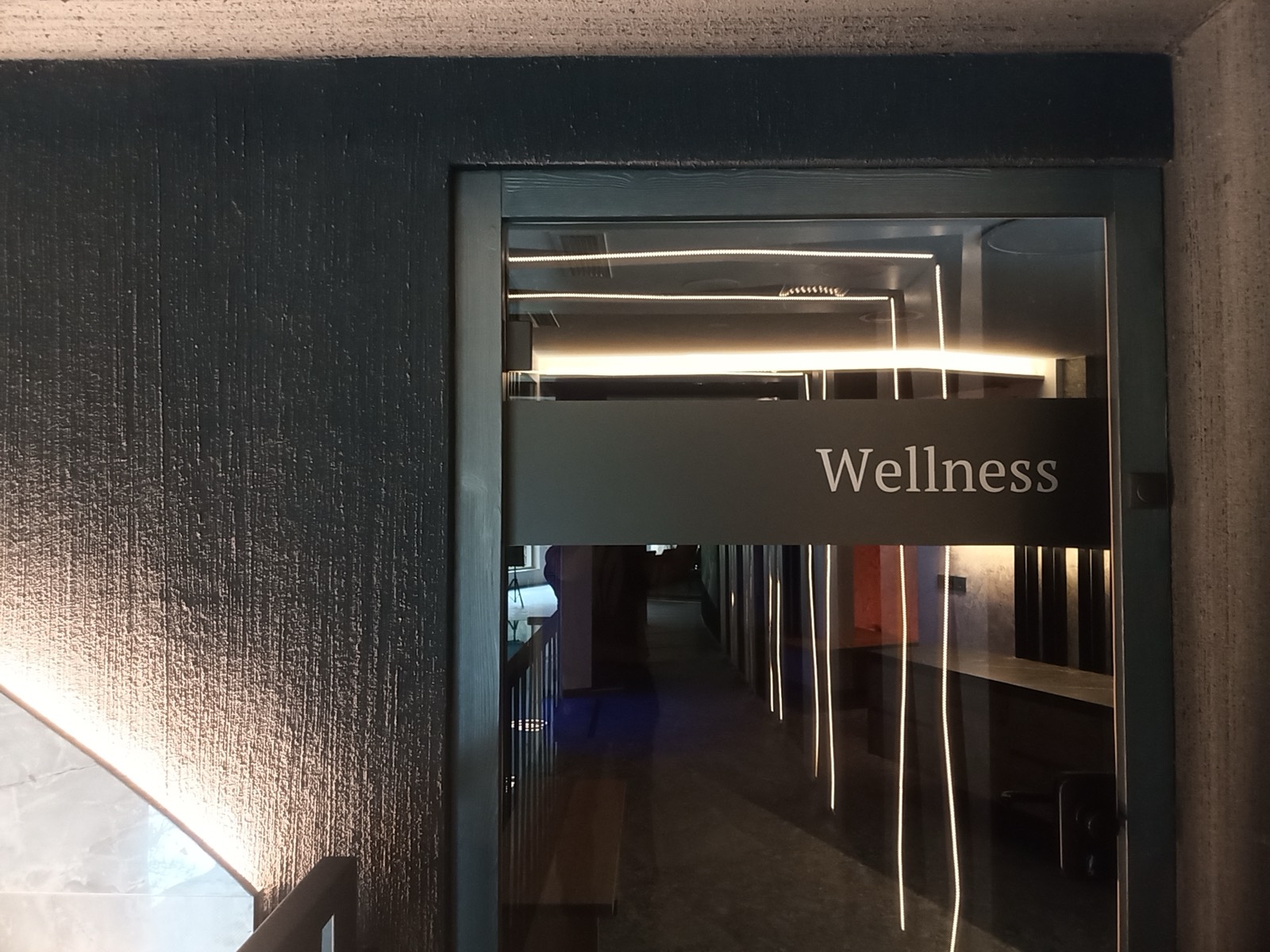 Glastür mit Schriftzug Wellness aus satinierter Folie