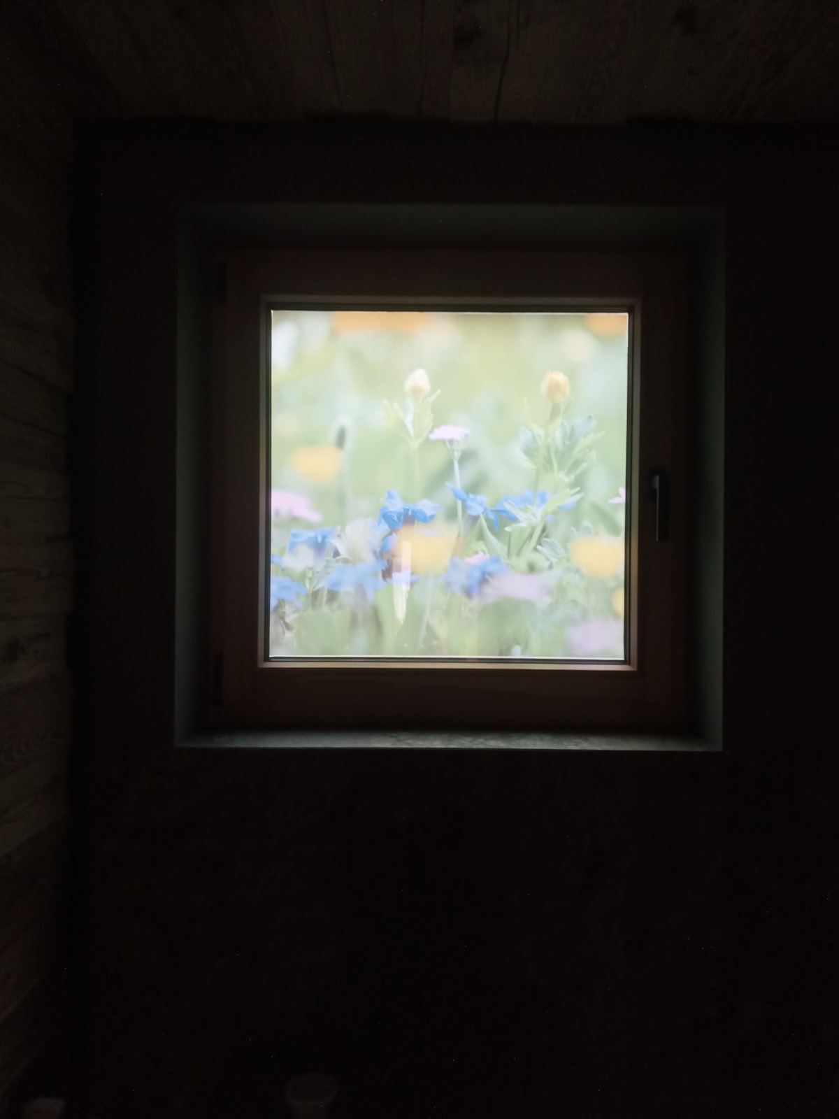 Kleines Fenster mit bedruckter Folie und Blumenmotiv